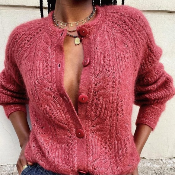 Sezane Alma Wool Mohair Crew Neck Cardigan in Rosewood Size XS - Picture 5 of 5